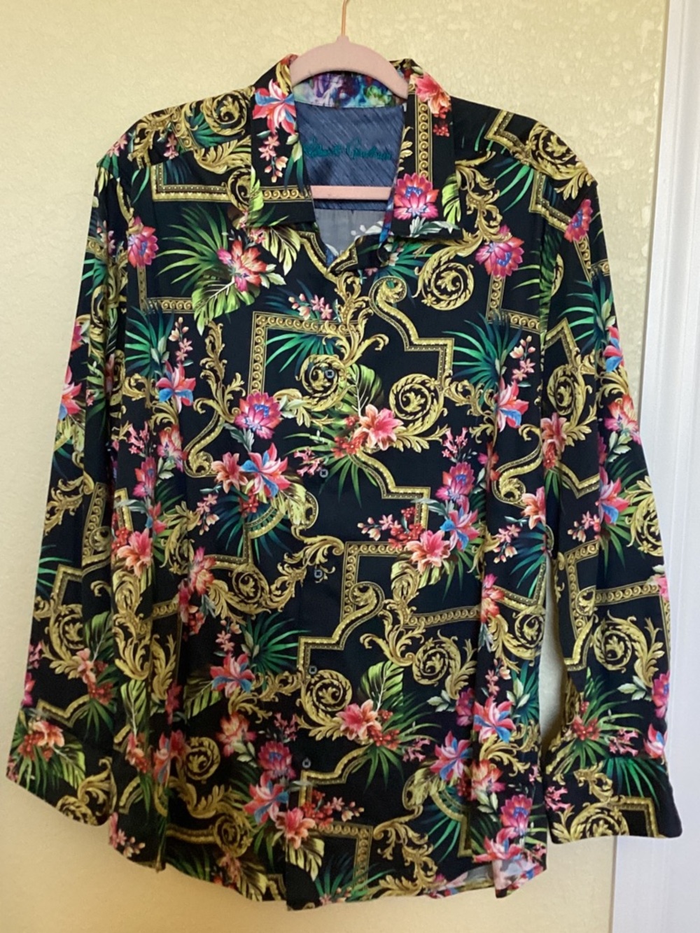 Robert Graham Black Floral Baroque Button-Up with Teal Logo